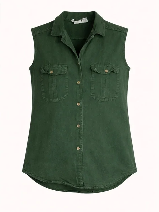 Essentials Sleeveless Button-Front Shirt in Olive Green - Picture 2 of 8